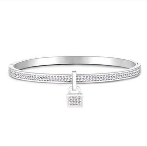 Swarovski Elements White Gold Tone Stainless Steel Lock Bangle Cuff Bracelet NEW